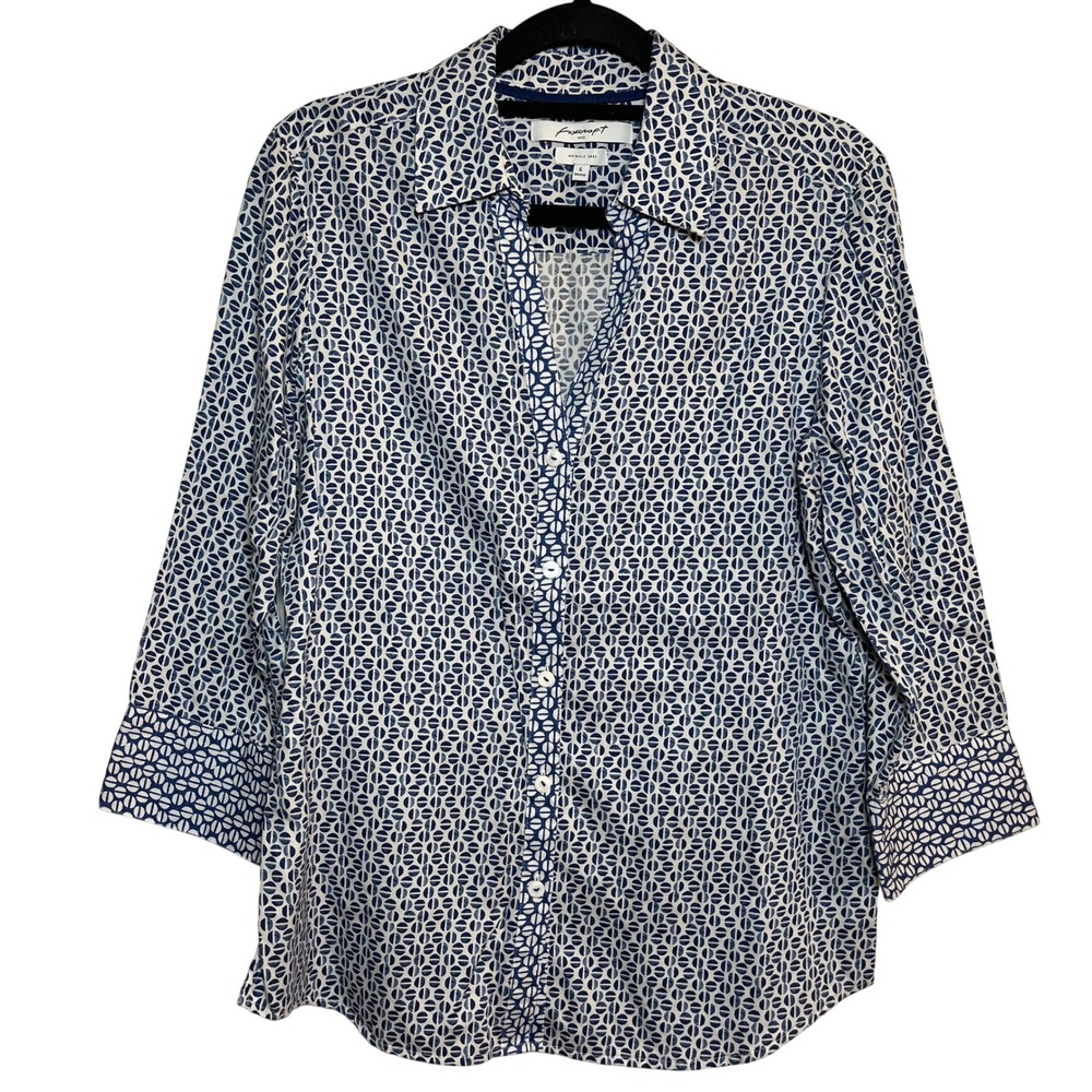 Foxcroft Wrinkle Free 3/4 Sleeve Button Blouse Sz‎ 6 Blue White Business Casual